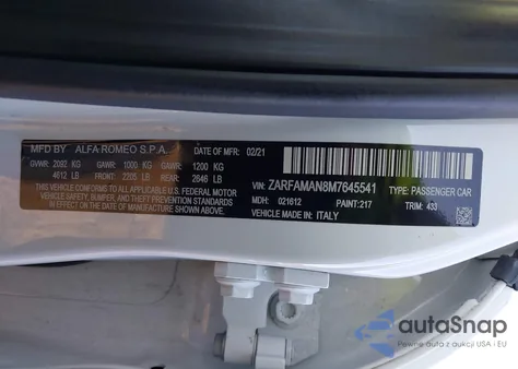 2021 Alfa Romeo Giulia Rwd from USA, damaged, VIN ZARFAMAN8M7645541